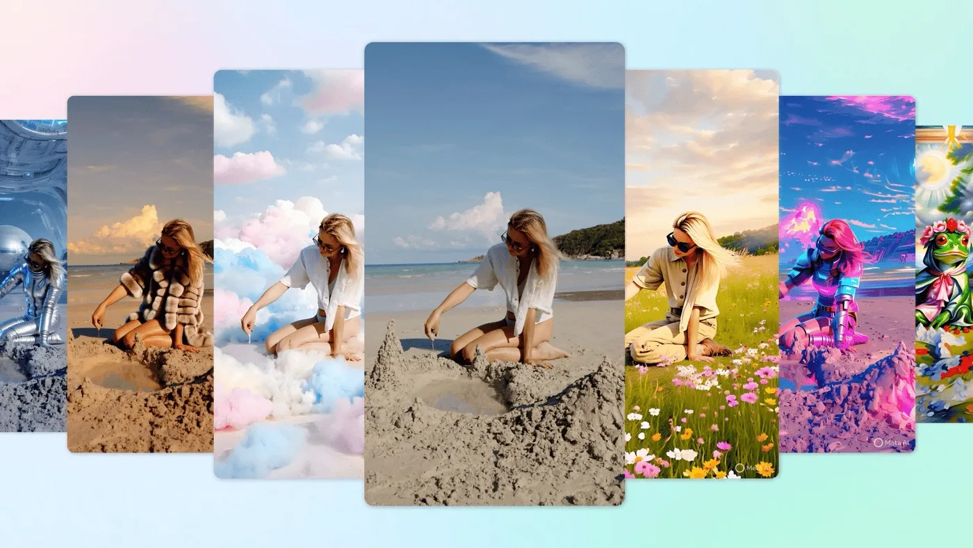 Frau und Cartoon-Frosch bauen Sandburgen in verschiedenen visuellen Stilwelten.