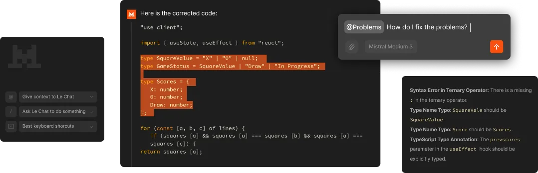 Screenshot: KI-Coding-Assistent-Oberfläche zeigt korrigierten Code, Fehlerliste und Chat-Eingabe zur Problemlösung.