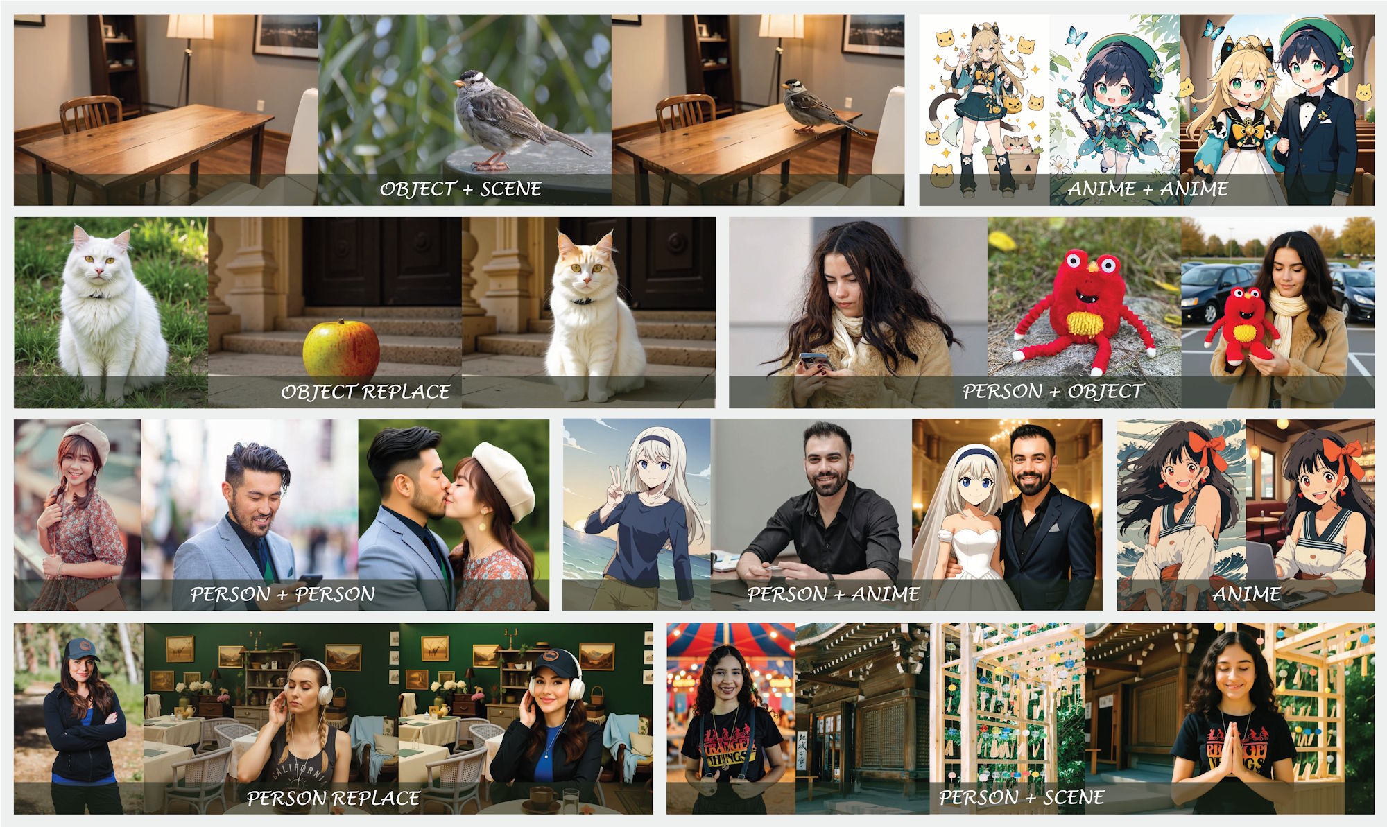 Collage: nine AI image edits with object design, scene compositing, character replacement, anime hybridization, and background replacement.