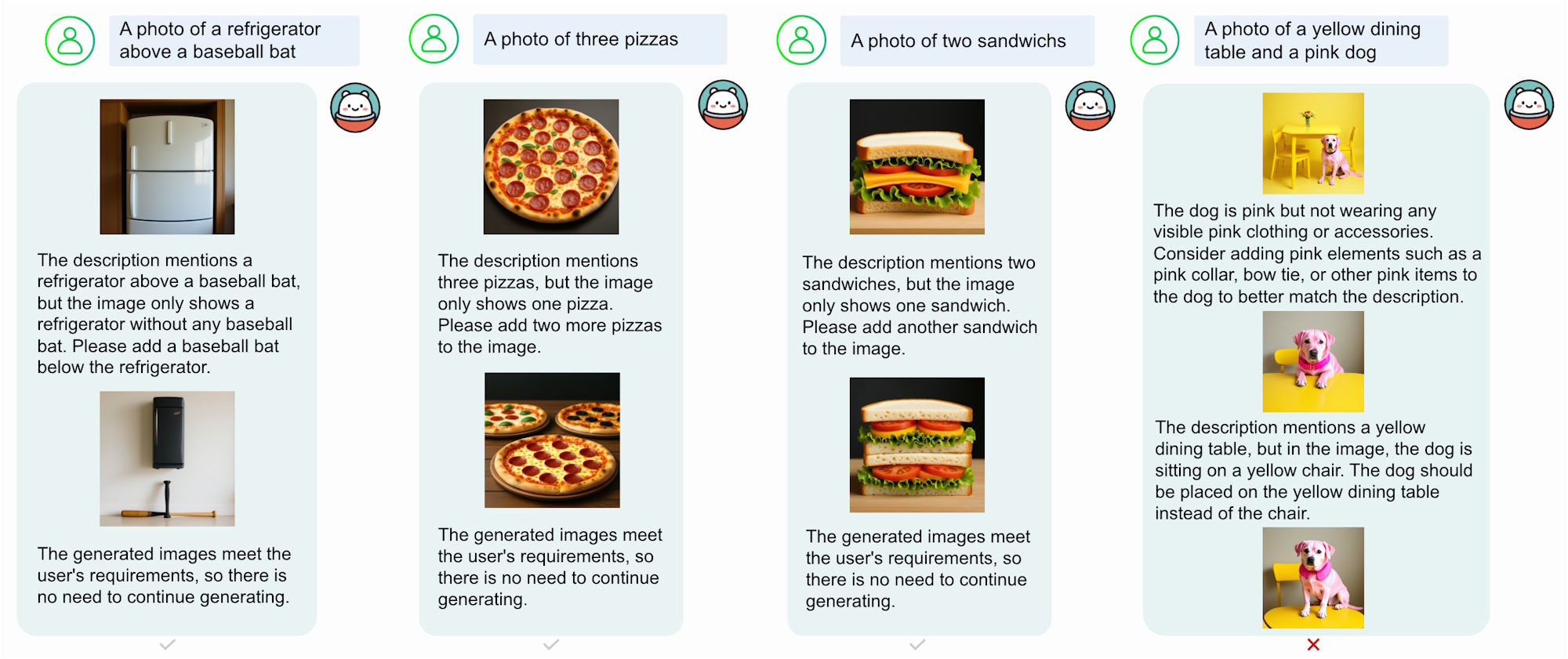 Collage of four chat conversations with incorrect image prompts and their corrections for accurate image generation.