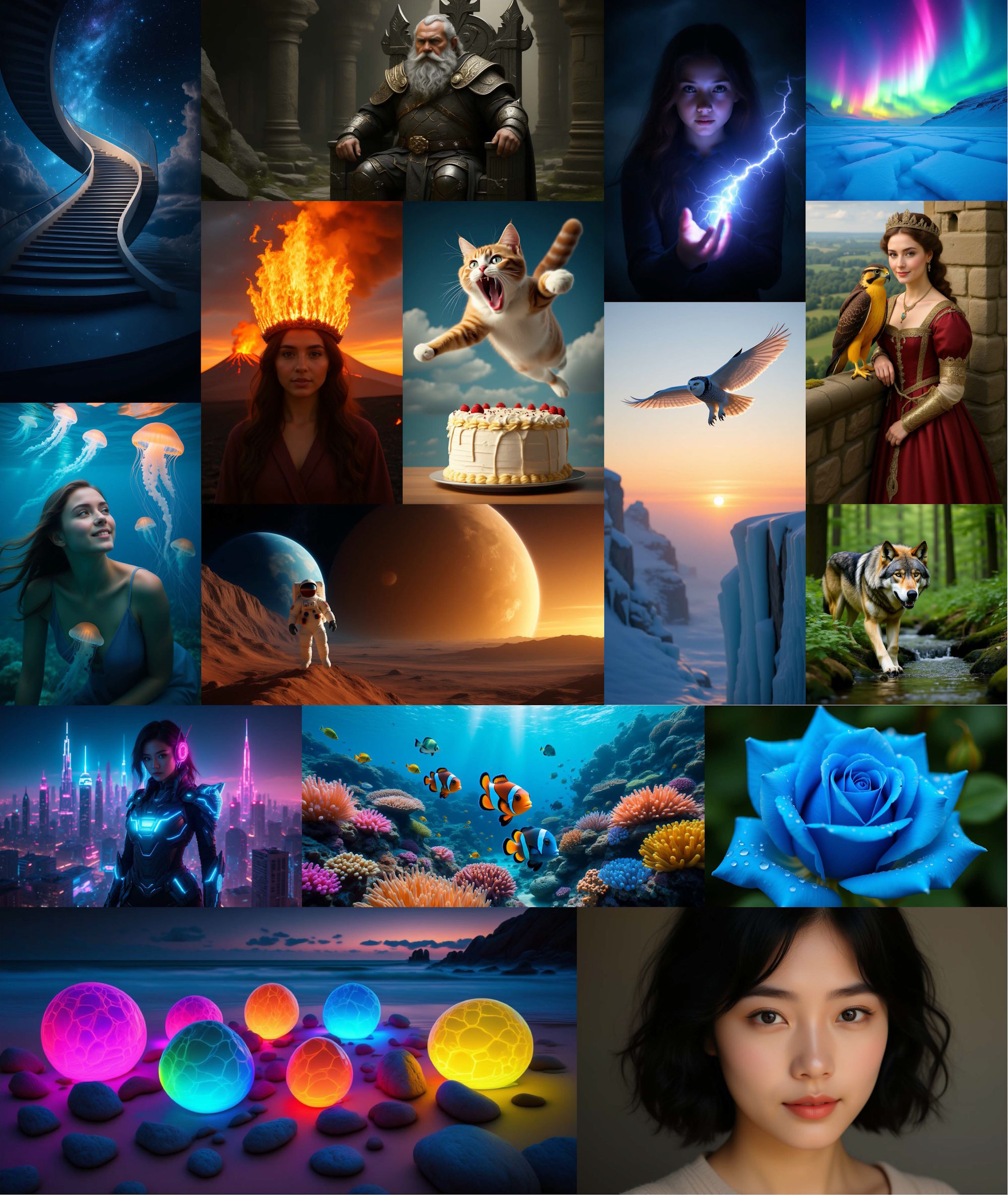 Collage of surreal motifs: space staircase, fantasy heroes, nature panoramas, glowing objects, and portraits.