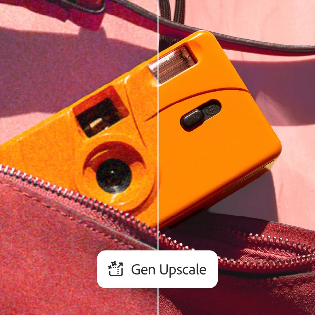 Split image of an orange compact camera on a red cloth bag before and after AI upscaling with improved sharpness and color intensity.