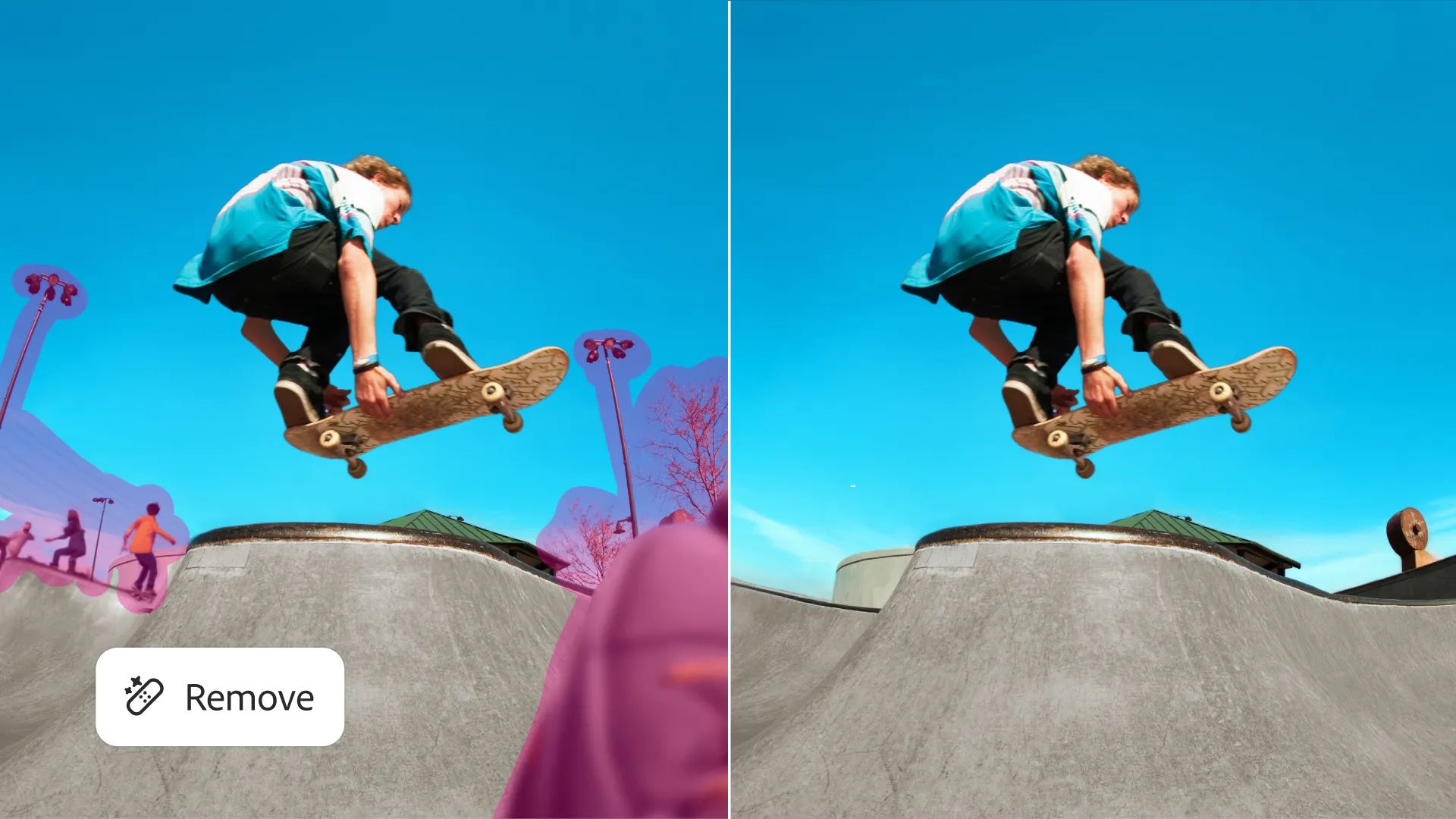 Page comparison: Skateboarder jumps over ramp edge, left with marked objects and “Remove” button, right without distractions.