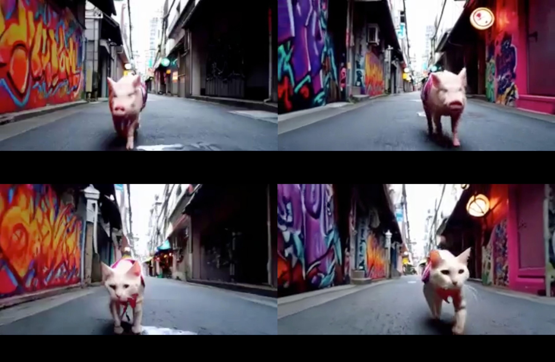 Vier Frames: Eingabevideo eines laufenden Schweins (oben) und per Prompt in eine Katze verwandeltes Ausgabeframes (unten) in einer Graffiti-Allee.
