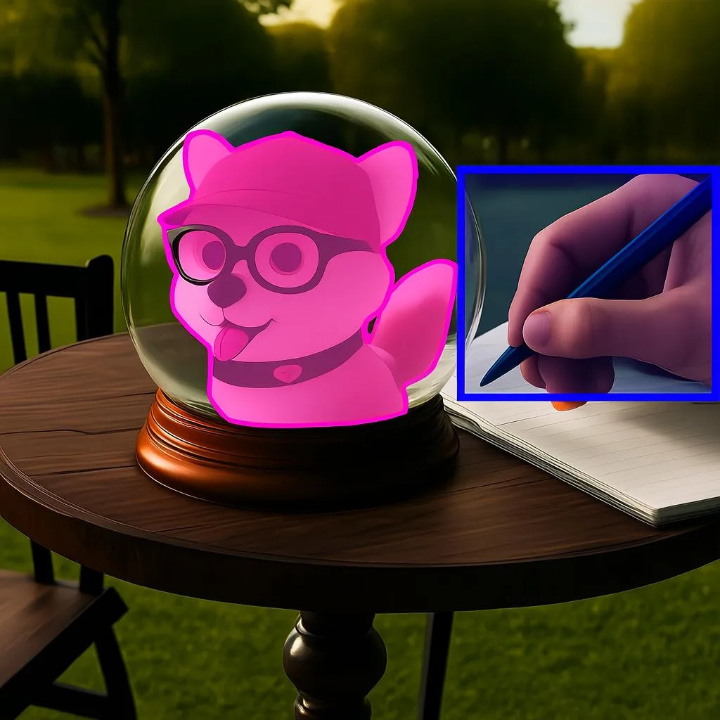 Glaskuppel auf Holztisch mit pink leuchtender Hundeskulptur und Hand, die mit Stift in Notizbuch schreibt.