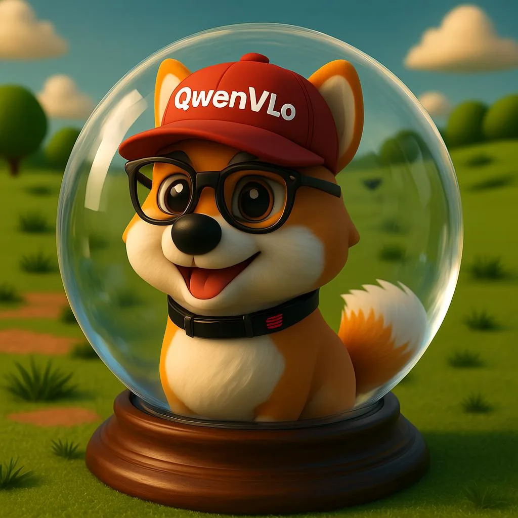 3D-Shiba-Inu-Avatar mit Brille und roter QwenVLo-Kappe in Glaskugel auf Wiese