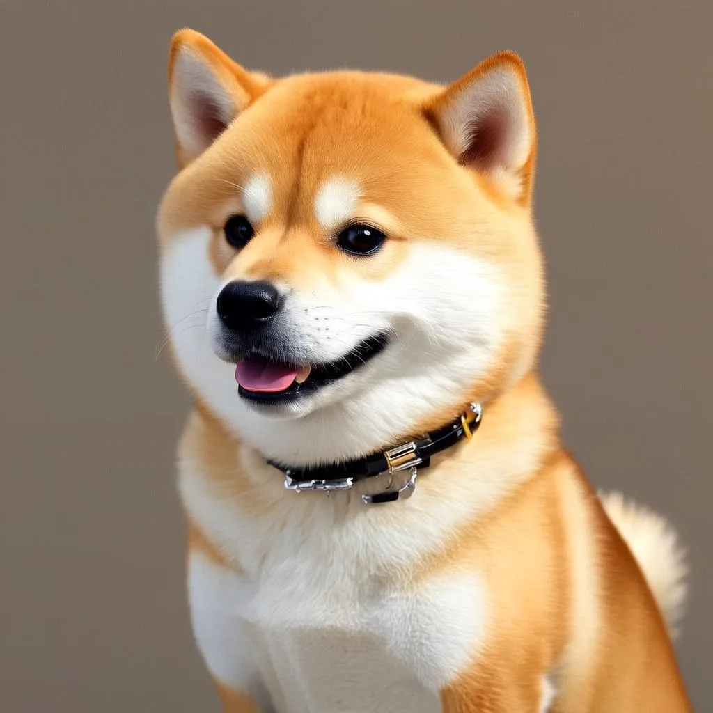 Porträt eines Shiba Inu mit goldbraunem Fell und schwarzem Halsband vor neutralem Hintergrund.