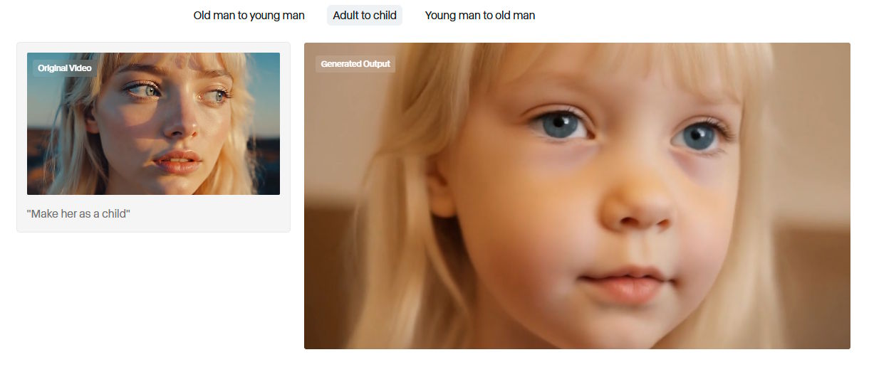 Screenshot eines KI-Tools mit Originalvideo einer Erwachsenen und generiertem Kinderporträt im Tab „Adult to child“.