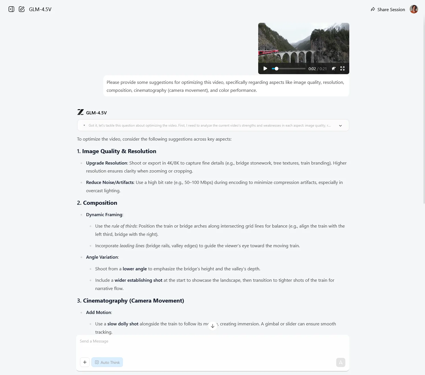 Chatfenster: Nutzer fragt nach Video-Optimierung; GLM-4.5V gibt Tipps zu 4K-Export, Rauschreduktion, Drittelregel, Dolly-Shot und Winkelwahl.