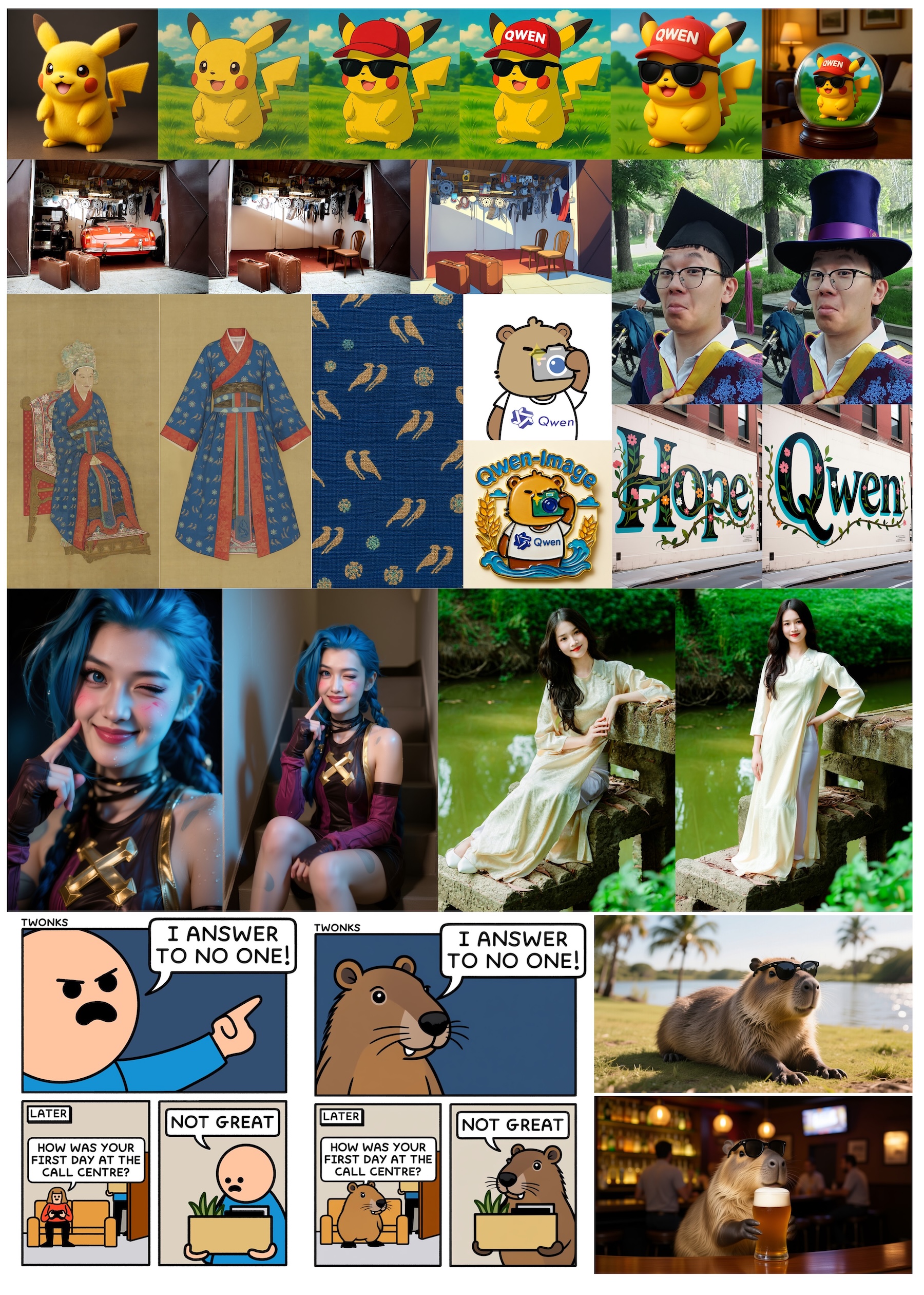 Collage aus 24 Szenen: Pikachu-Varianten, Garagenszenen, traditionelle Gewänder, Qwen-Logos, Porträts, Comics und Kapybara-Fotografie.