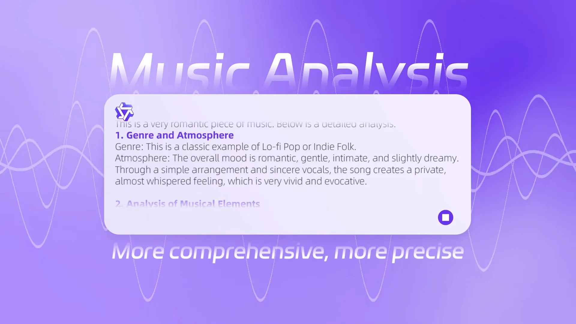 Musikanalyse-UI zeigt Genre und Atmosphäre romantischer Lo-fi Pop/Indie-Folk-Komposition, lila Wellenhintergrund.
