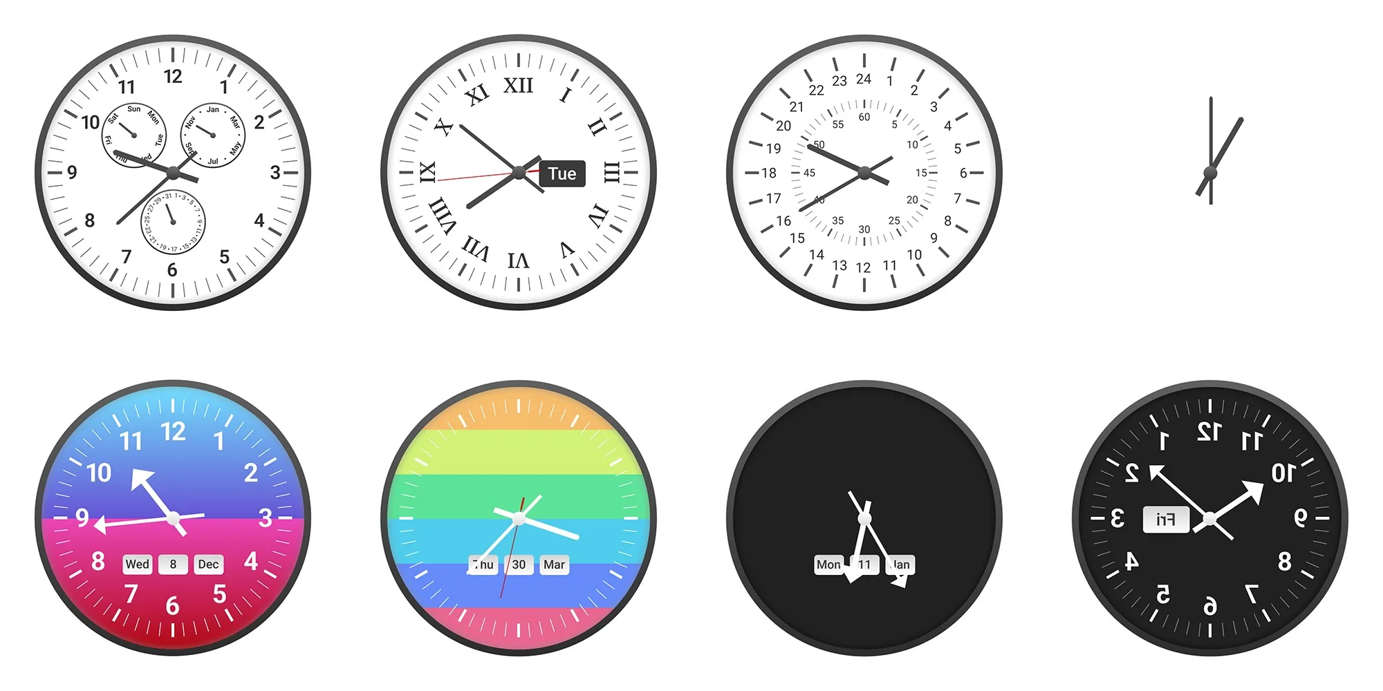 Raster aus neun Watch Faces mit unterschiedlichen Dial-, Format-, Numeral- und Kalendervarianten.