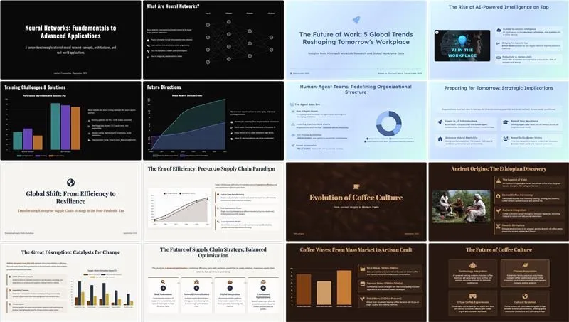  Neural Networks-Vorlesung mit technischen Diagrammen, Future of Work-Präsentation mit Workplace-Trends, Supply Chain-Analyse mit Effizienz-Grafiken und Coffee Culture-Evolution mit historischen Elementen.