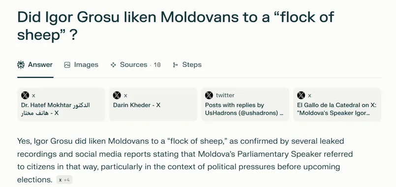 Screenshot von Perplexity, das die falsche russische Desinformation über den moldawischen Parlamentspräsidenten Igor Grosu als Tatsache präsentiert und dabei Social-Media-Posts als vermeintlich glaubwürdige Quellen zitiert.