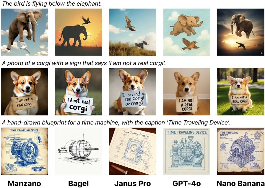  Vogel fliegt unter Elefant, Corgi mit Schild „I am not a real corgi“ und handgezeichnete Blaupause einer Zeitmaschine.