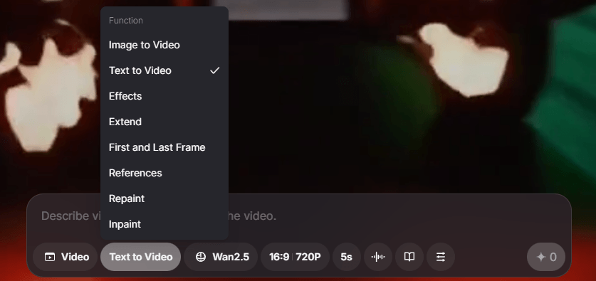Screenshot eines Video-Editor-Interfaces: Dropdown-Menü mit Funktionen (Text-to-Video ausgewählt) und Leiste mit Format- und Dauer-Einstellungen.