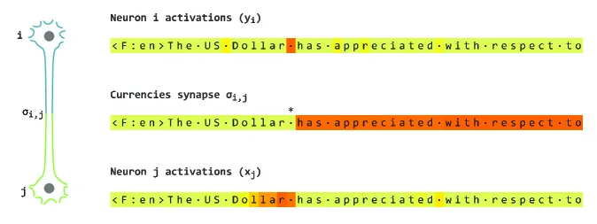 Zwei Neuronen, deren Verbindung bei aufeinanderfolgenden Reaktionen auf „US Dollar“ stärker wird.a