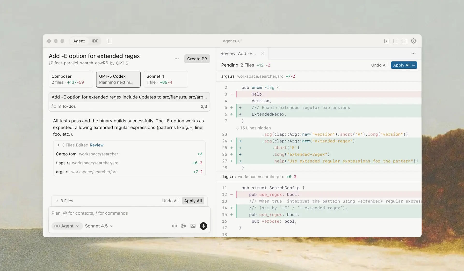Screenshot des Cursor 2.0 Interfaces mit Multi-Agent-Sidebar auf der linken Seite, die drei verschiedene KI-Agents (Composer, GPT-5 Codex, Sonnet 4) bei der Bearbeitung von Rust-Code zeigt, und einem Code-Review-Panel auf der rechten Seite mit Diff-Ansicht der vorgeschlagenen Änderungen in den Dateien args.rs und flags.rs.