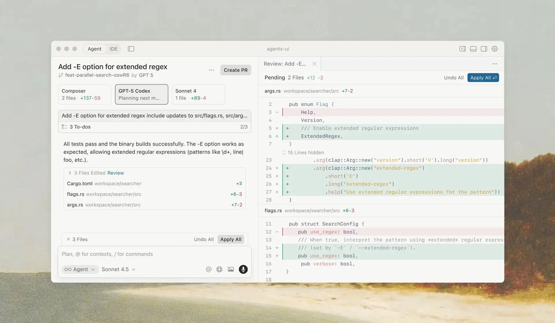 Screenshot des Cursor 2.0 Interfaces mit Multi-Agent-Sidebar auf der linken Seite, die drei verschiedene KI-Agents (Composer, GPT-5 Codex, Sonnet 4) bei der Bearbeitung von Rust-Code zeigt, und einem Code-Review-Panel auf der rechten Seite mit Diff-Ansicht der vorgeschlagenen Änderungen in den Dateien args.rs und flags.rs.