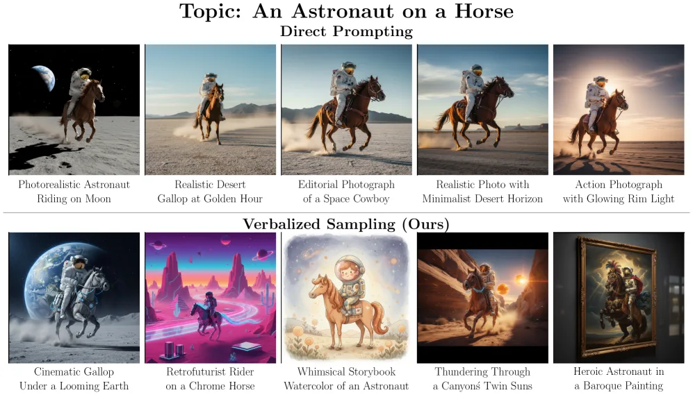 Astronaut auf Pferd: obere Reihe photorealistische Direkt-Prompts; untere Reihe vielfältige Aquarell-, Barock- und Retro-Futurismus-Stile via Verbalized Sampling.