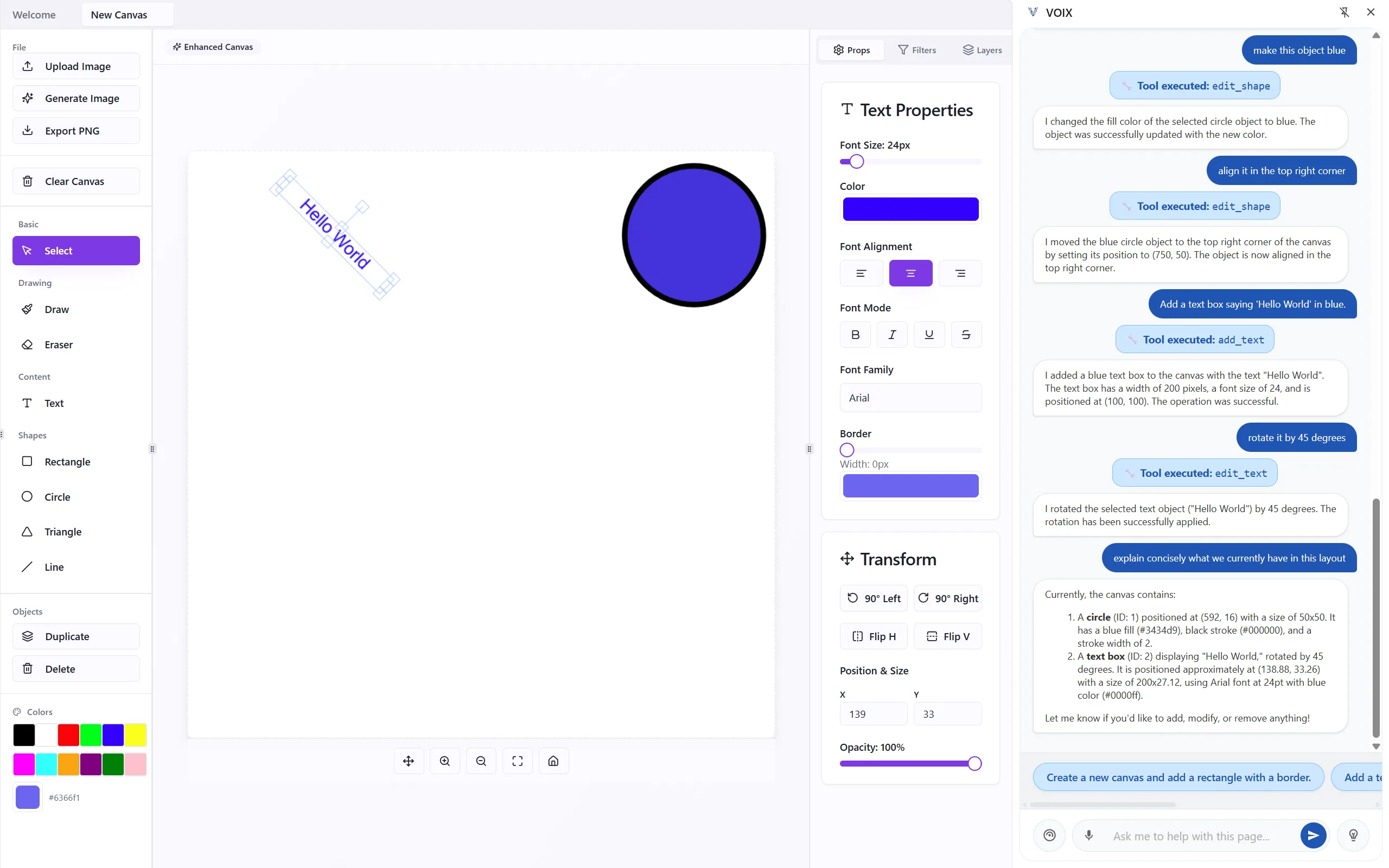 VOIX-Designoberfläche mit blauem Kreis oben rechts und um 45° gedrehtem, blauen 'Hello World'-Text.