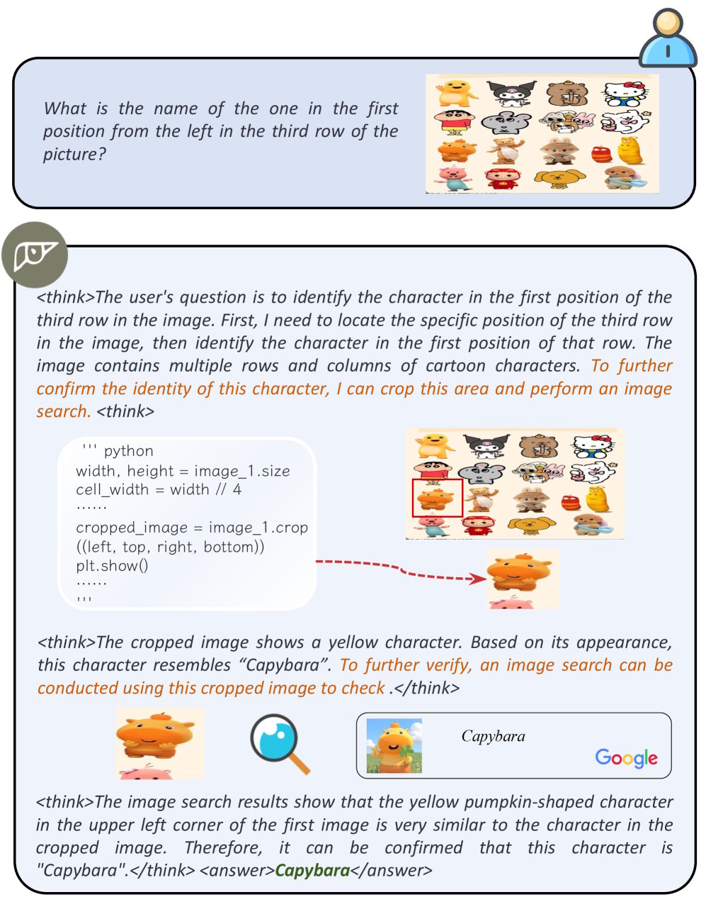 Illustration der VLLM-Gedankenkette: Der Benutzer stellt eine Bildabfrage, der Assistent schneidet das Bild zu und sucht nach Ergebnissen, die „Capybara” identifizieren.