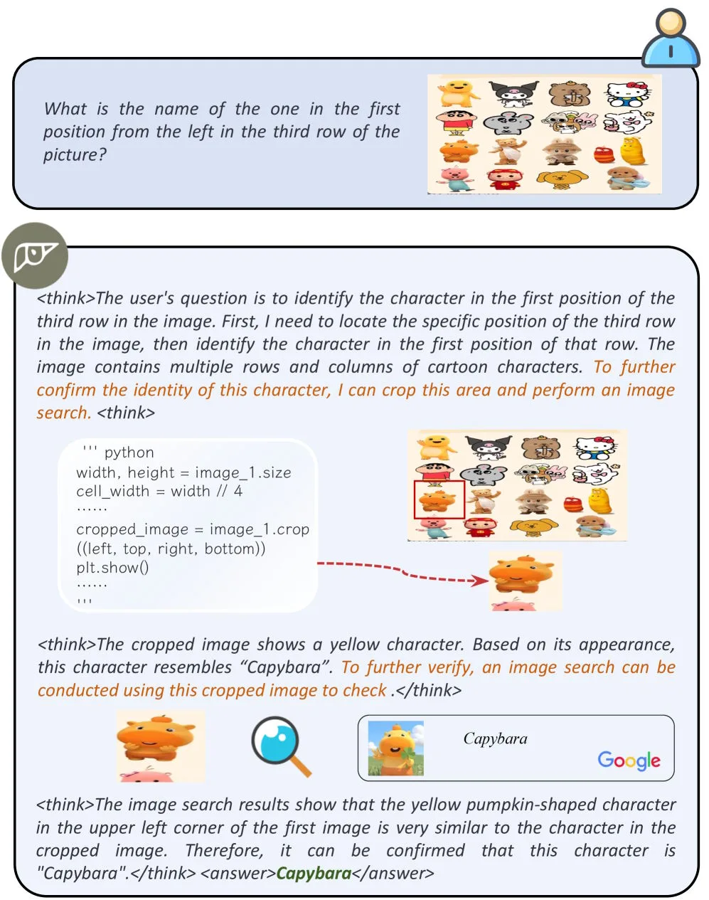  Der Benutzer stellt eine Bildabfrage, der Assistent schneidet das Bild zu und sucht nach Ergebnissen, die „Capybara” identifizieren.