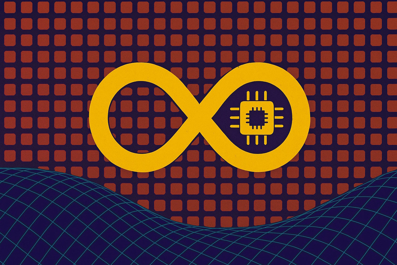 Gelbes Unendlichkeitssymbol mit Mikrochip vor rotem Quadratmuster und blauer Gitterwelle, steht für kontinuierliche KI-Prozesse