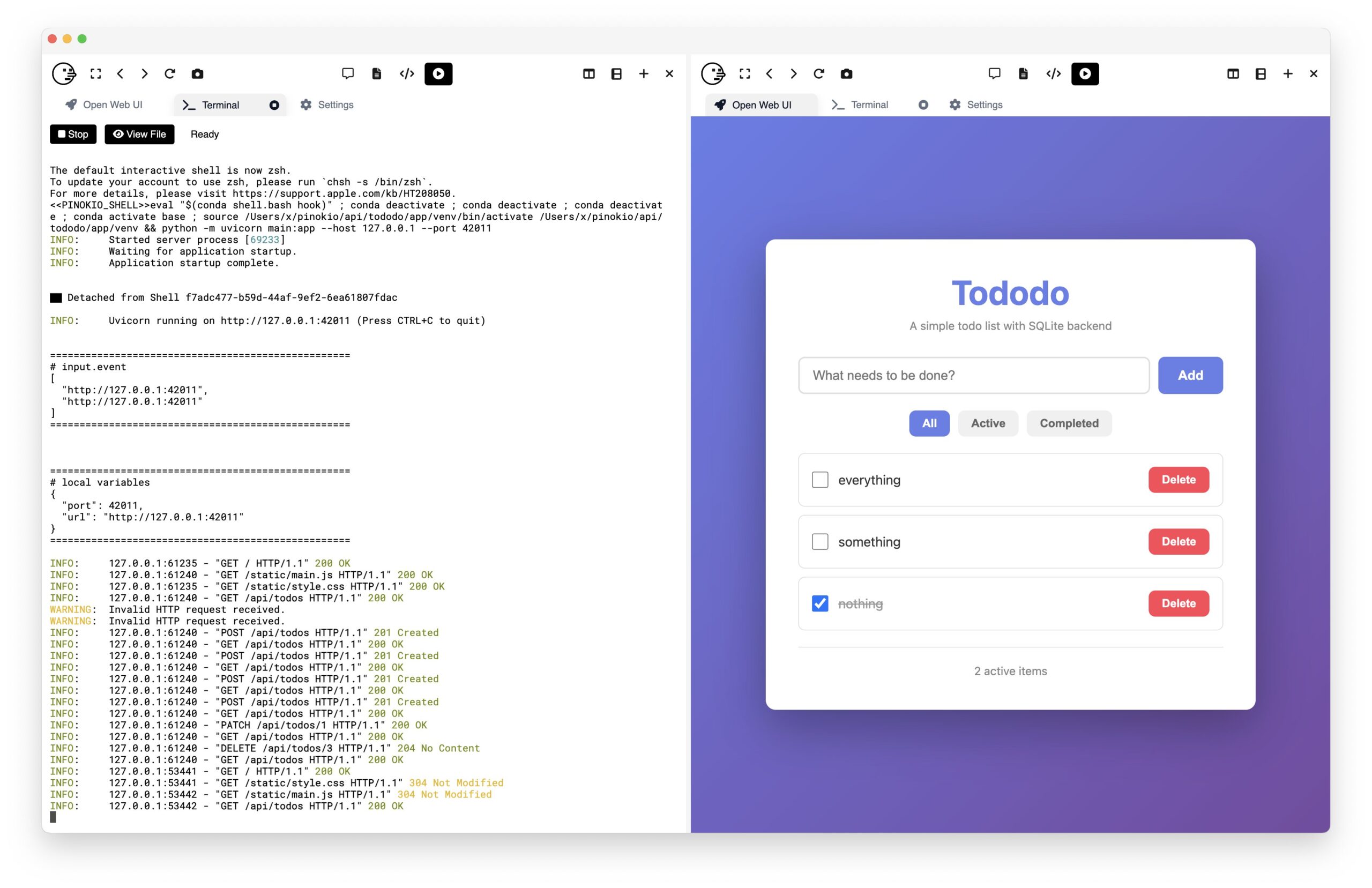 Screenshot von Pinokio 5.0 mit geteiltem Fenster: Links Terminal mit Server-Logs und Systemausgaben, rechts eine laufende Todo-Anwendung mit Eingabefeld und Aufgabenliste.