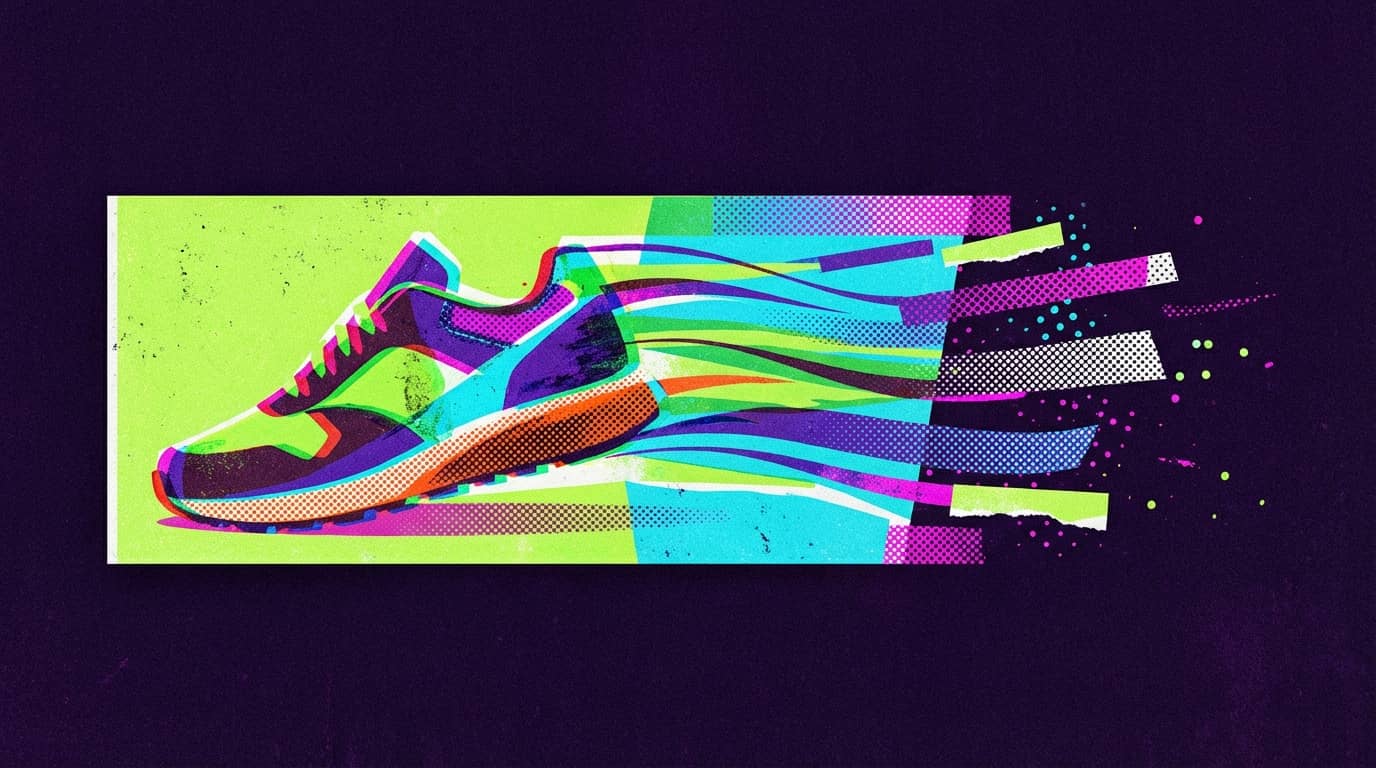 Neonfarbener Laufschuh mit glitchartigen Farbstreifen auf grün-blauem Banner symbolisiert Geschwindigkeit, digitale Dynamik
