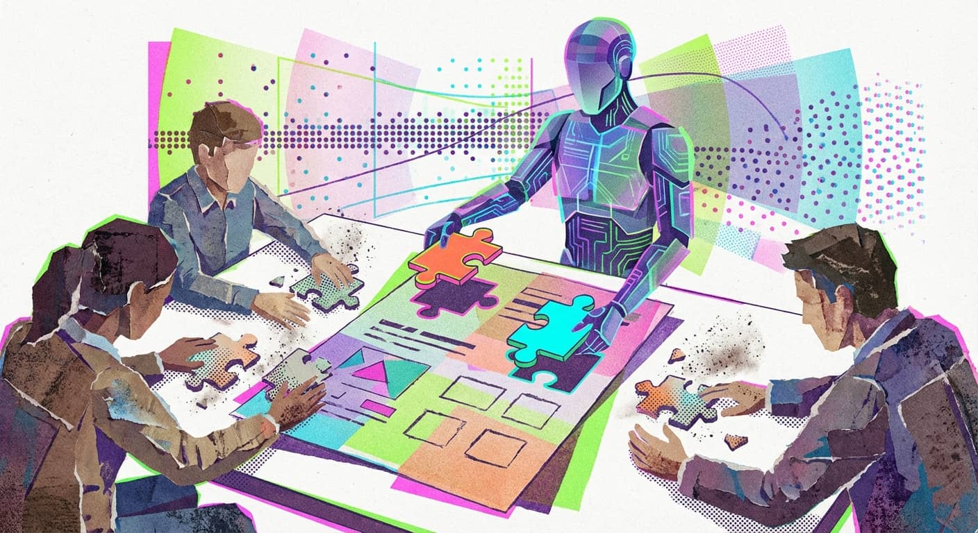 Illustration: Drei Menschen und ein Roboter fügen gemeinsam Puzzleteile auf einem Tisch vor digitalem Hintergrund zusammen.