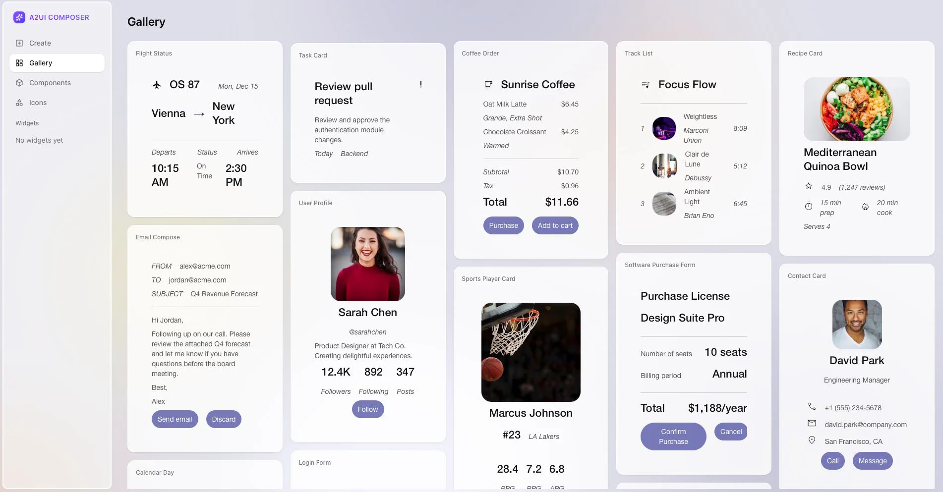 Screenshot einer "A2UI Composer"-Galerie, die verschiedene UI-Karten zeigt, darunter Flugtickets, Aufgabenlisten, Kaffee-Bestellungen, Musikplayer, Rezeptkarten, Profilansichten und Kauf-Formulare.