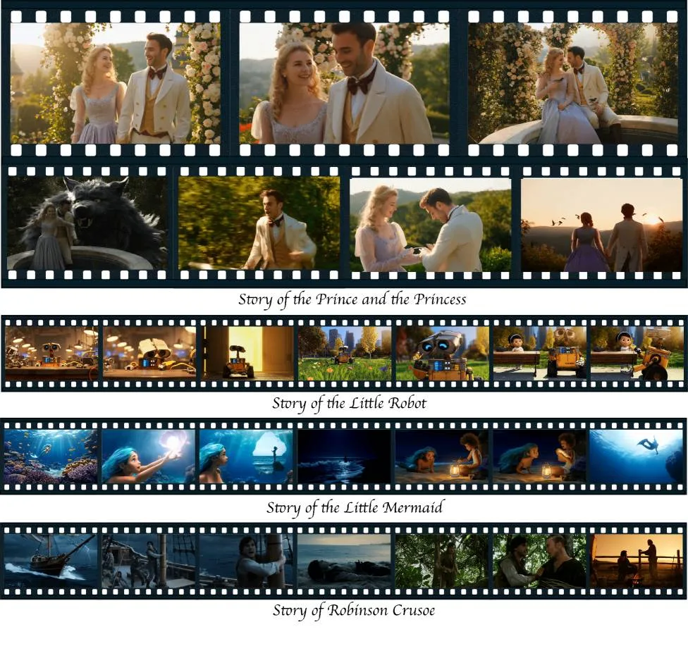 Vier Filmstreifen mit Szenen aus Prinzenmärchen, Roboterabenteuer, Meerjungfrauenstory und Robinson Crusoe.