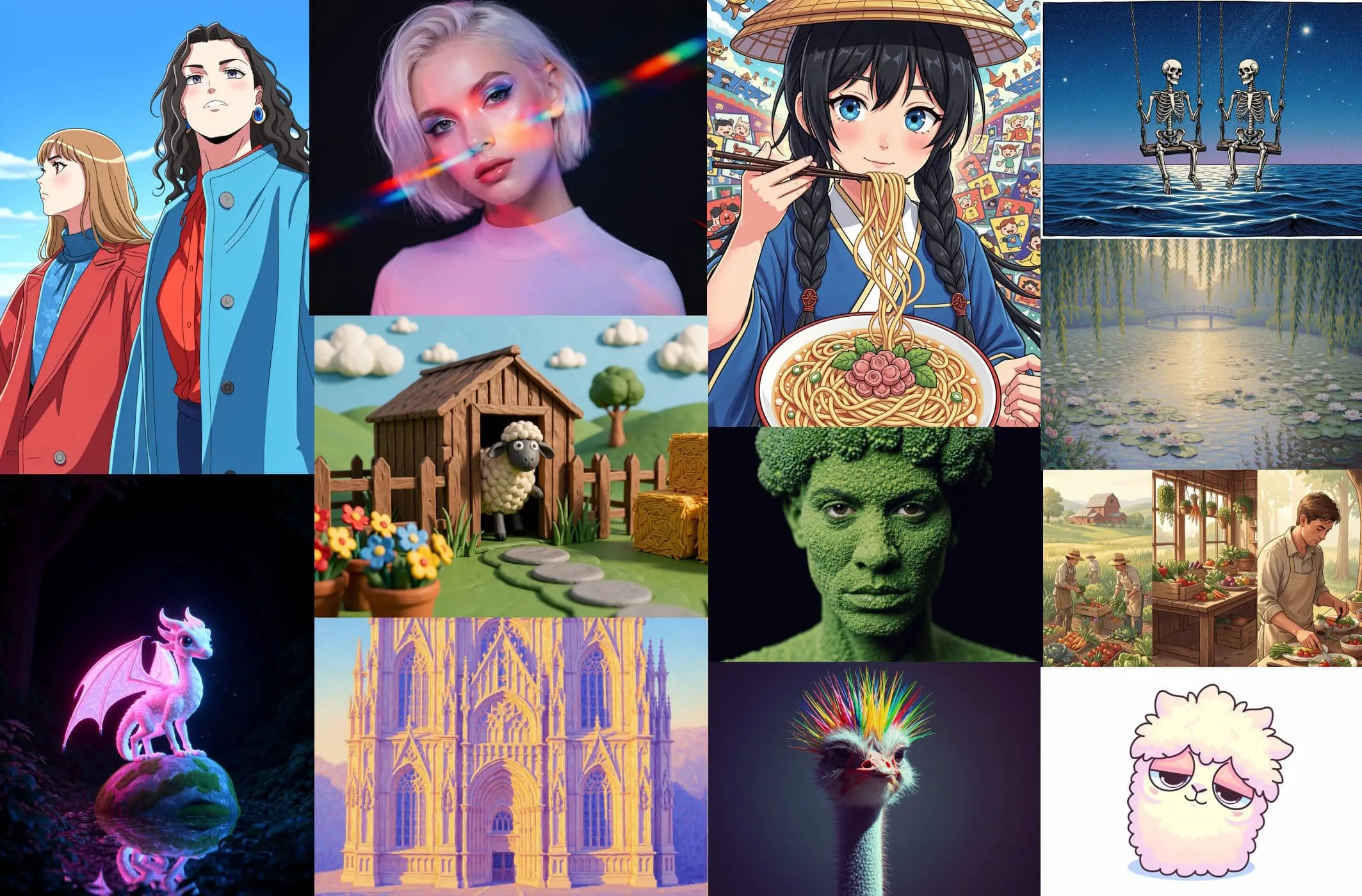 Collage verschiedener KI-Kunststile wie Anime, Claymation, Fantasy und Architektur-Visualisierungen.