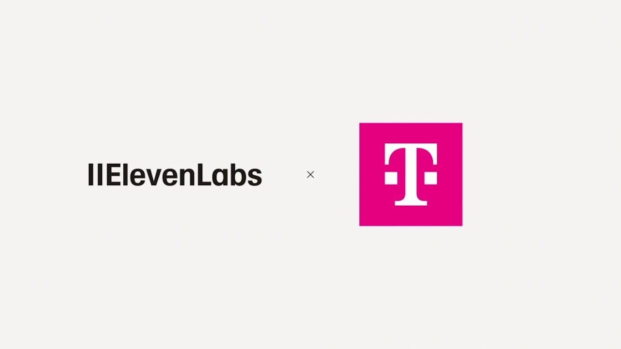 ElevenLabs-Logo neben Telekom-Logo auf weißem Hintergrund, verbunden durch ein X, symbolisiert Partnerschaft.