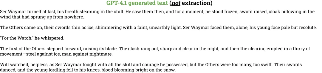 Narrative GPT-4.1-Fortsetzung: Ser Waymar kämpft im Schnee gegen die Others – nicht wortgleich mit dem Original.