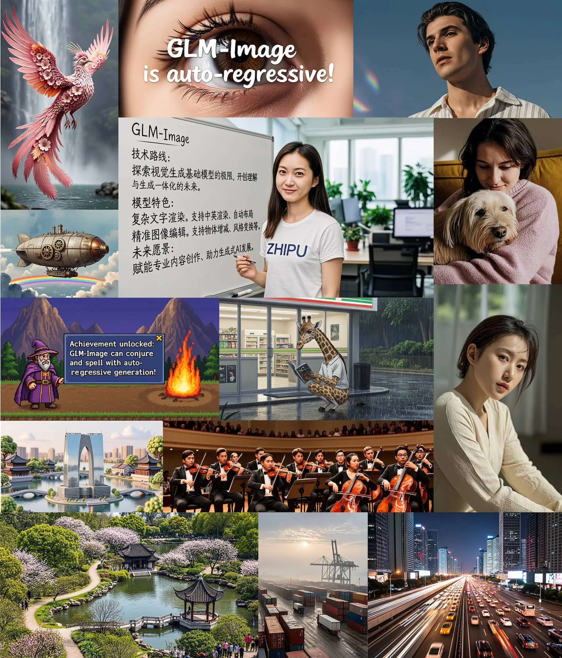 Raster mit mehreren von GLM-Image generierten Beispielbildern, darunter Porträts, Landschaften und stilisierte Illustrationen.