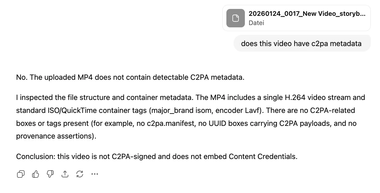 Screenshot eines ChatGPT-Chatverlaufs, in dem die KI behauptet, keine C2PA-Daten in einem Video zu finden 