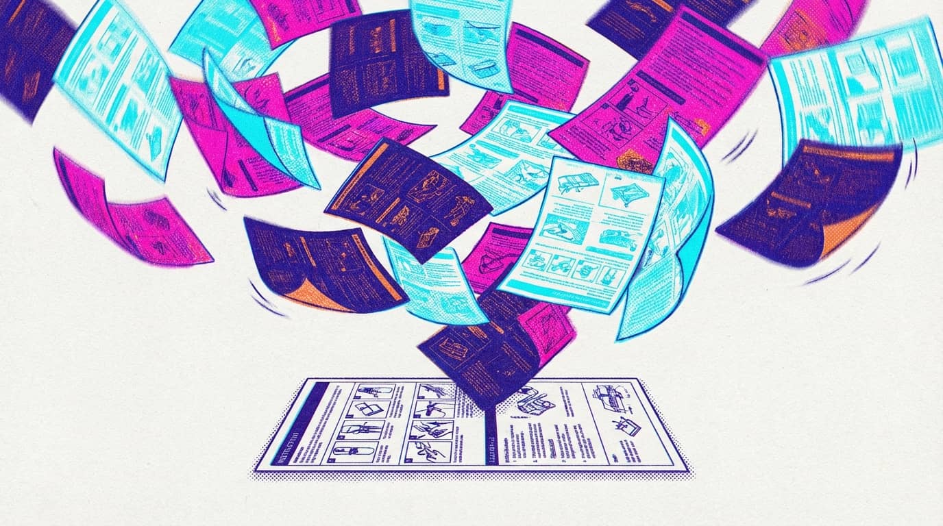 Bunte technische Anleitungsvorlagen mit Illustrationen wirbeln über einer zentralen, detaillierten Anleitungsvorlage.