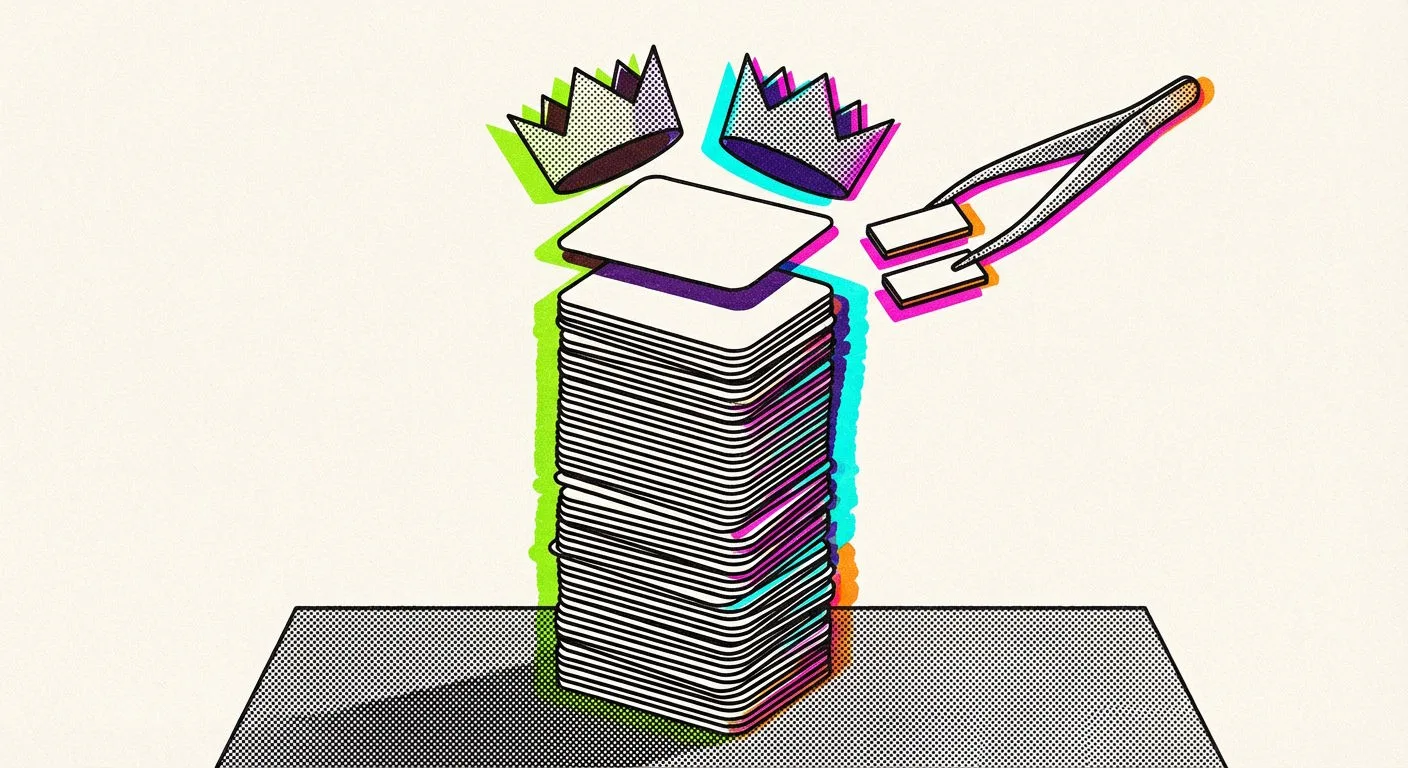 Gestapelte Spielkarten mit zwei schwebenden Kronen oben, eine Pinzette entnimmt zwei Karten vom Stapel in bunter Schattenoptik.