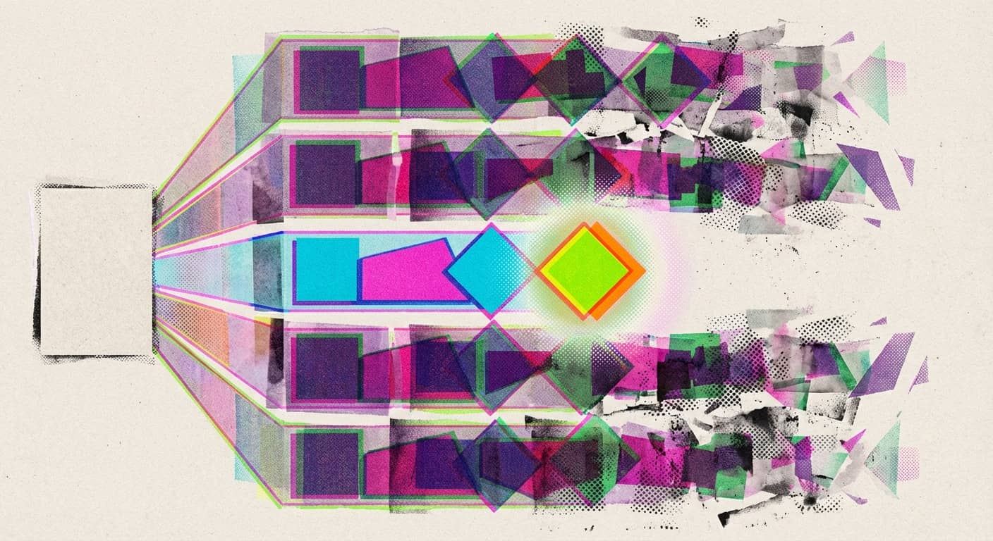 Abstrakte Visualisierung eines KI-Reasoning-Modells mit vier Pfadreihen, grüne Raute markiert den optimalen Stopp-Punkt.