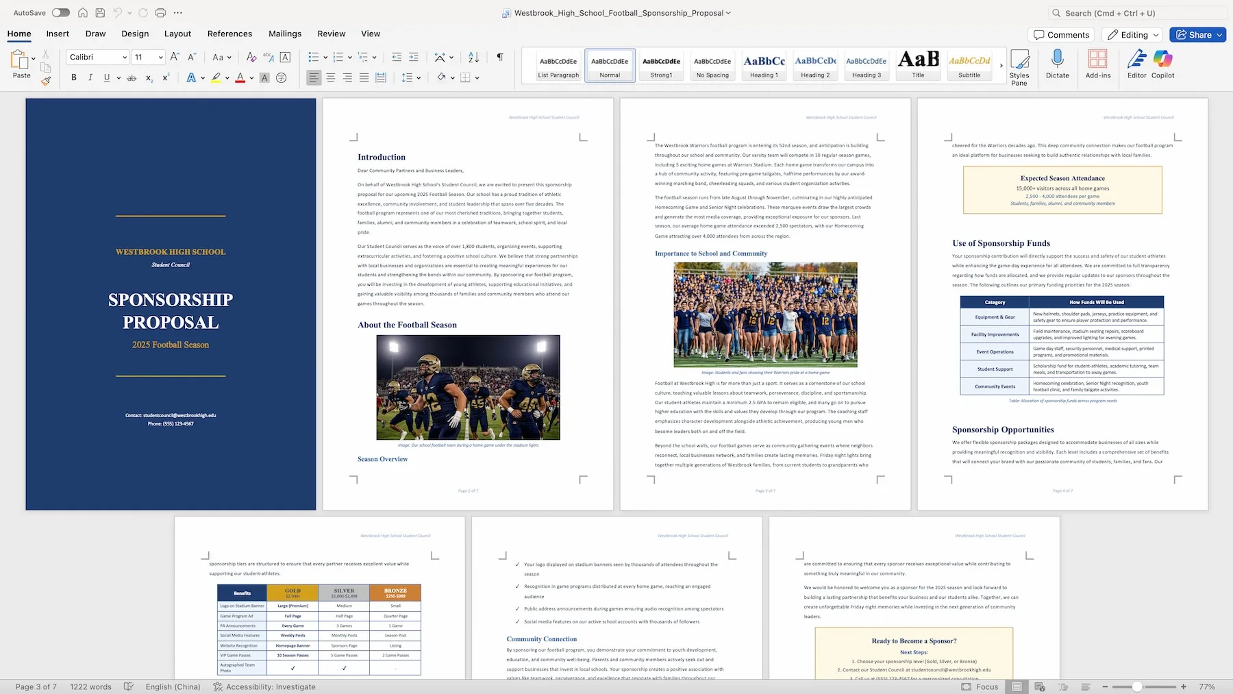 Screenshot eines in Microsoft Word geöffneten, siebenseitigen Sponsoring-Vorschlags für die Westbrook High School Football Season 2025, der laut Z.ai vollständig von GLM-5 generiert wurde, inklusive Deckblatt, Fotos, Tabellen mit Sponsoring-Stufen und formatiertem Fließtext.