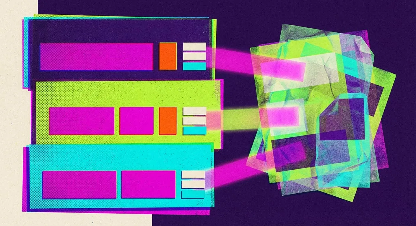 Webresultat-Fenster senden Strahlen auf überlappende transparente Blätter und symbolisieren Quellenaggregation.