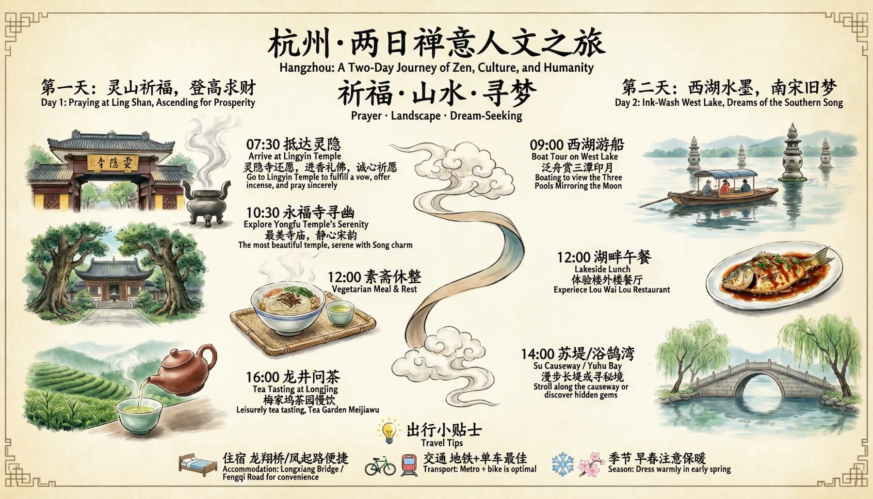 Von Qwen-Image-2.0 generiertes zweisprachiges Reiseposter im handgezeichneten chinesischen Stil für eine zweitägige Hangzhou-Reise. Das Poster enthält Zeitpläne, Illustrationen von Tempeln, Tee und Booten sowie Reisetipps auf Chinesisch und Englisch.