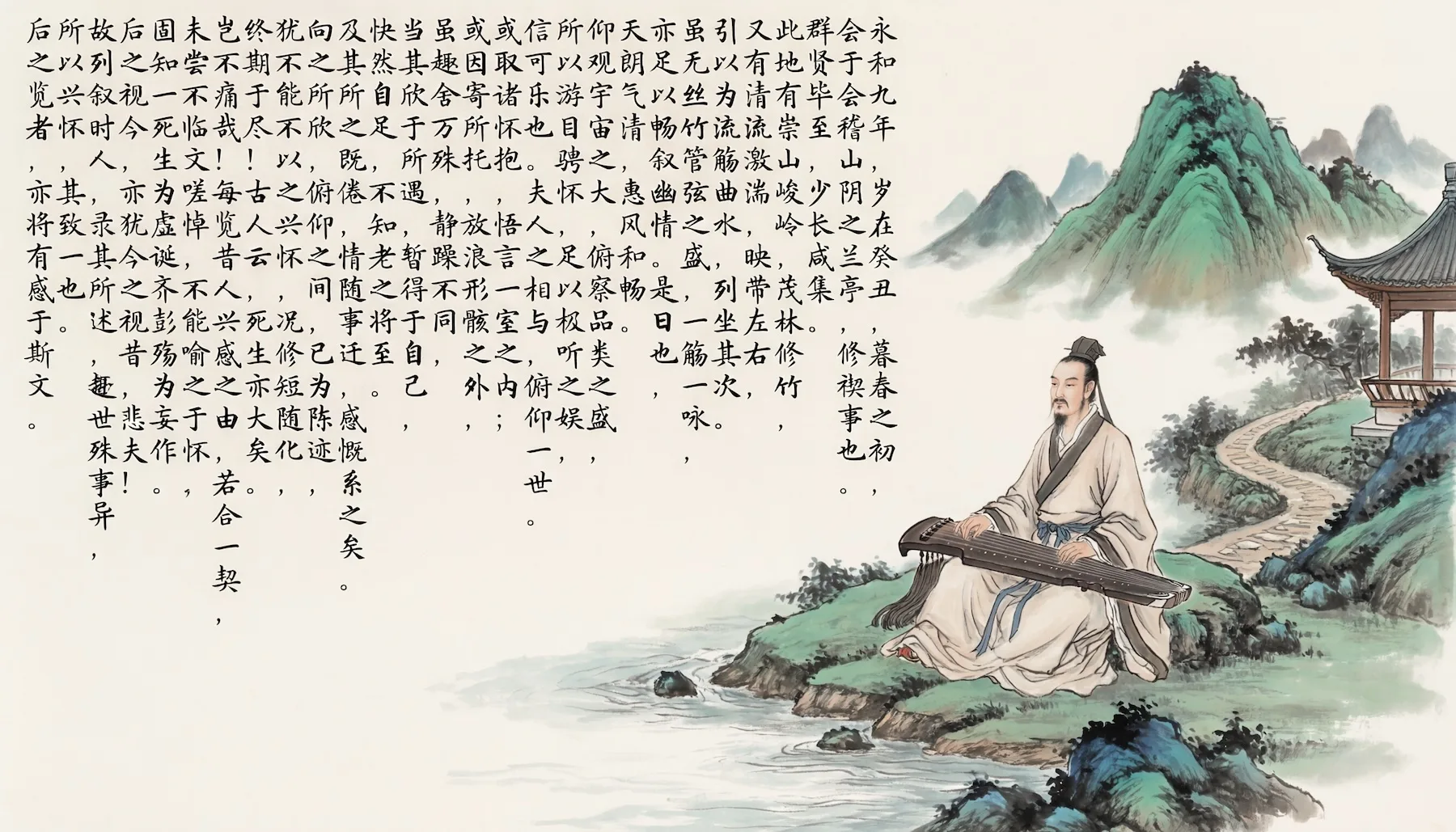 Von Qwen-Image-2.0 generiertes Bild im Stil einer traditionellen chinesischen Tuschmalerei. Rechts sitzt ein Gelehrter mit Guqin-Instrument an einem Flussufer vor Bergen und einem Pavillon. Links ist der gesamte Text des Orchideen-Pavillon-Vorworts in chinesischer Kleinschrift gerendert.