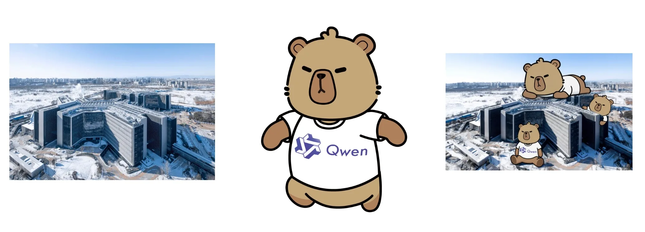 Drei Bilder nebeneinander zeigen die dimensionsübergreifende Bildbearbeitung von Qwen-Image-2.0. Links ein Luftbild eines verschneiten Gebäudekomplexes, in der Mitte eine Cartoon-Bärenfigur mit Qwen-Logo auf dem T-Shirt, rechts das kombinierte Ergebnis mit drei Cartoon-Bären, die in das reale Stadtfoto eingefügt wurden.