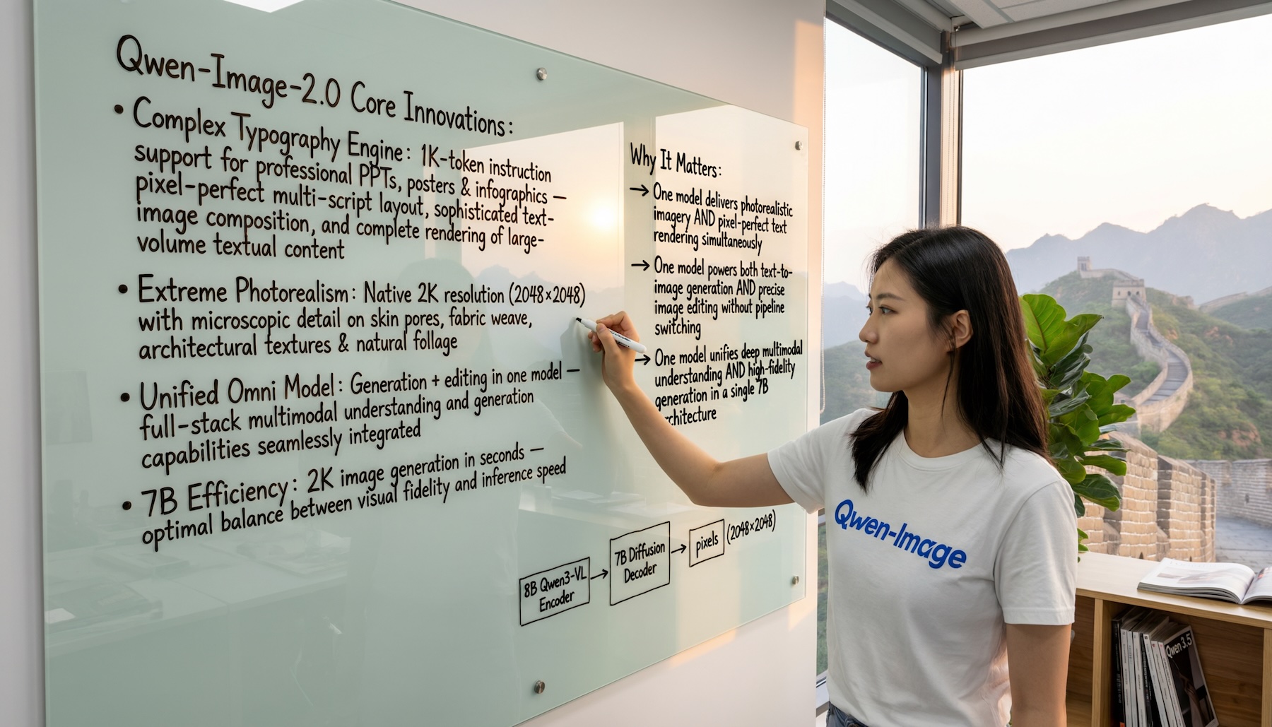 Von Qwen-Image-2.0 generiertes Bild einer Frau, die in einem Büro auf ein Glas-Whiteboard schreibt. Auf dem Whiteboard stehen die technischen Eckdaten des Modells, im Hintergrund ist die Chinesische Mauer zu sehen. Die Frau trägt ein T-Shirt mit dem Schriftzug Qwen-Image.