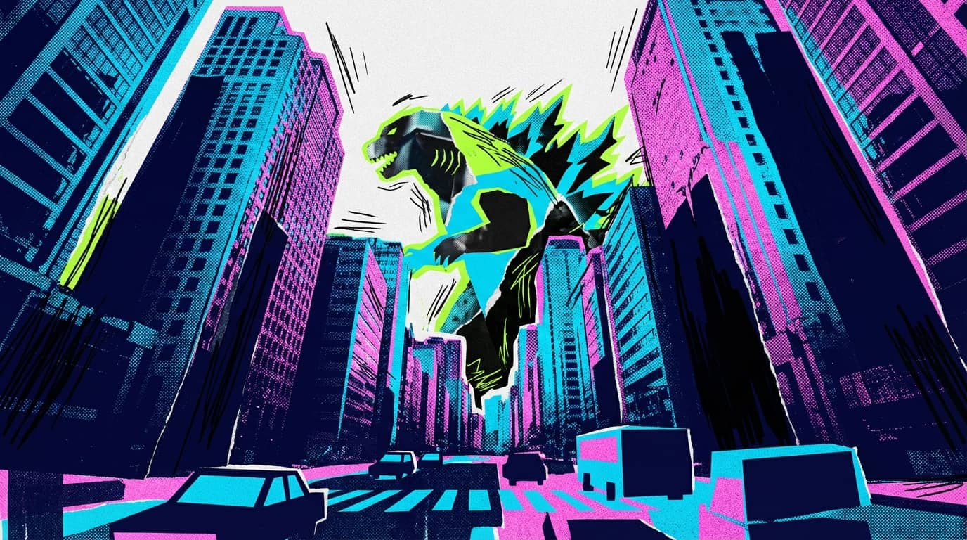 Neonillustration von Godzilla, der zwischen pink-blauen Hochhäusern in einer belebten Straße Seouls auftaucht.