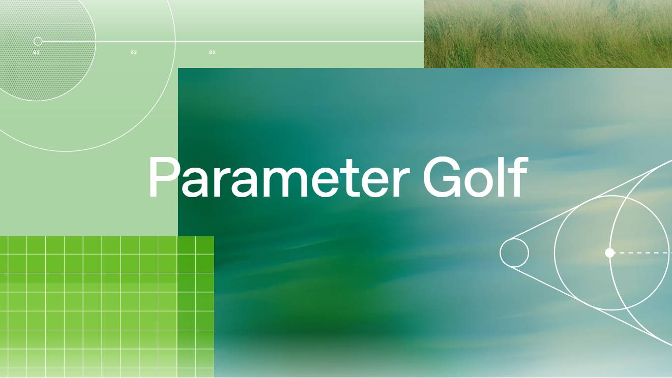 Schriftzug „Parameter Golf“ vor grün-blauem Hintergrund mit Kreisbögen und Gitternetz-Diagrammen.