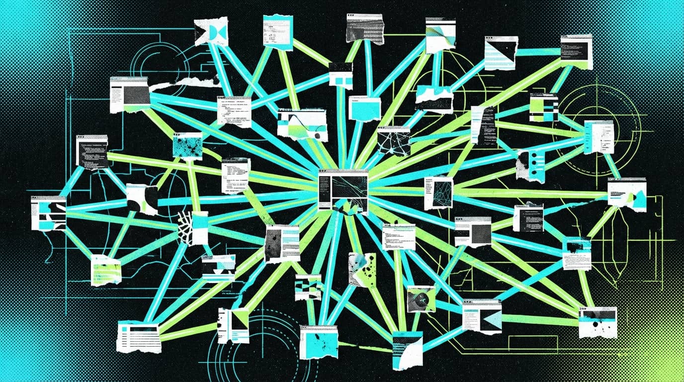 Netzwerk aus verbundenen Dokumentfenstern, das die Aggregation offener Web-Daten für Modelltraining illustriert.